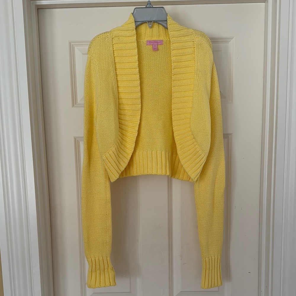Gorgeous Lilly Pulitzer Cotton Cropped Yellow Open Cardigan Sweater Size Small